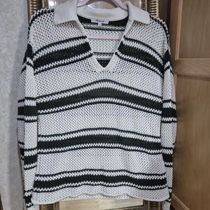 Striped V-Neck Sweater - Black and White